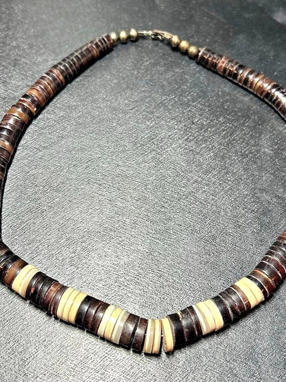 Brown Cream Heishi Style Disc Bead Necklace 57.8g Hook Eye Clasp Boho Tribal47.0